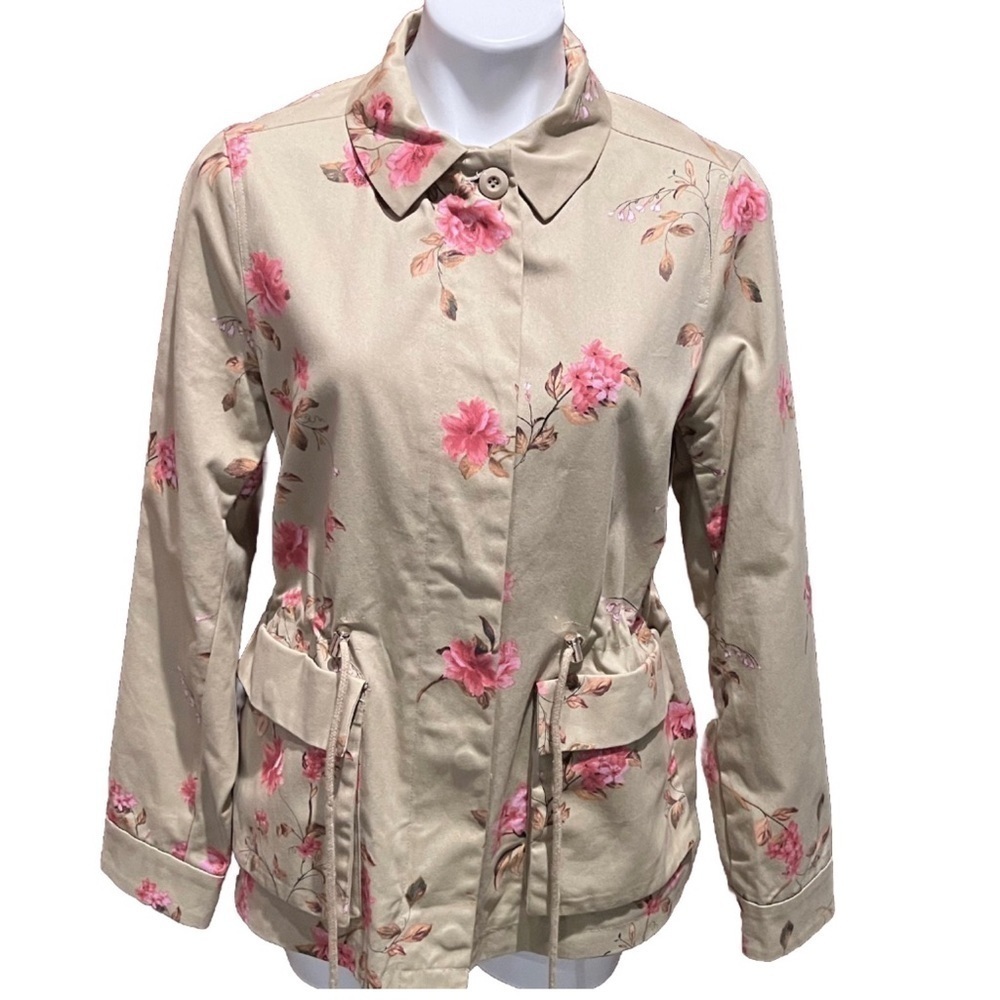 A Loves A Floral Cinched Waist Beige Pink Full Zip Lightweight Jacket Medium